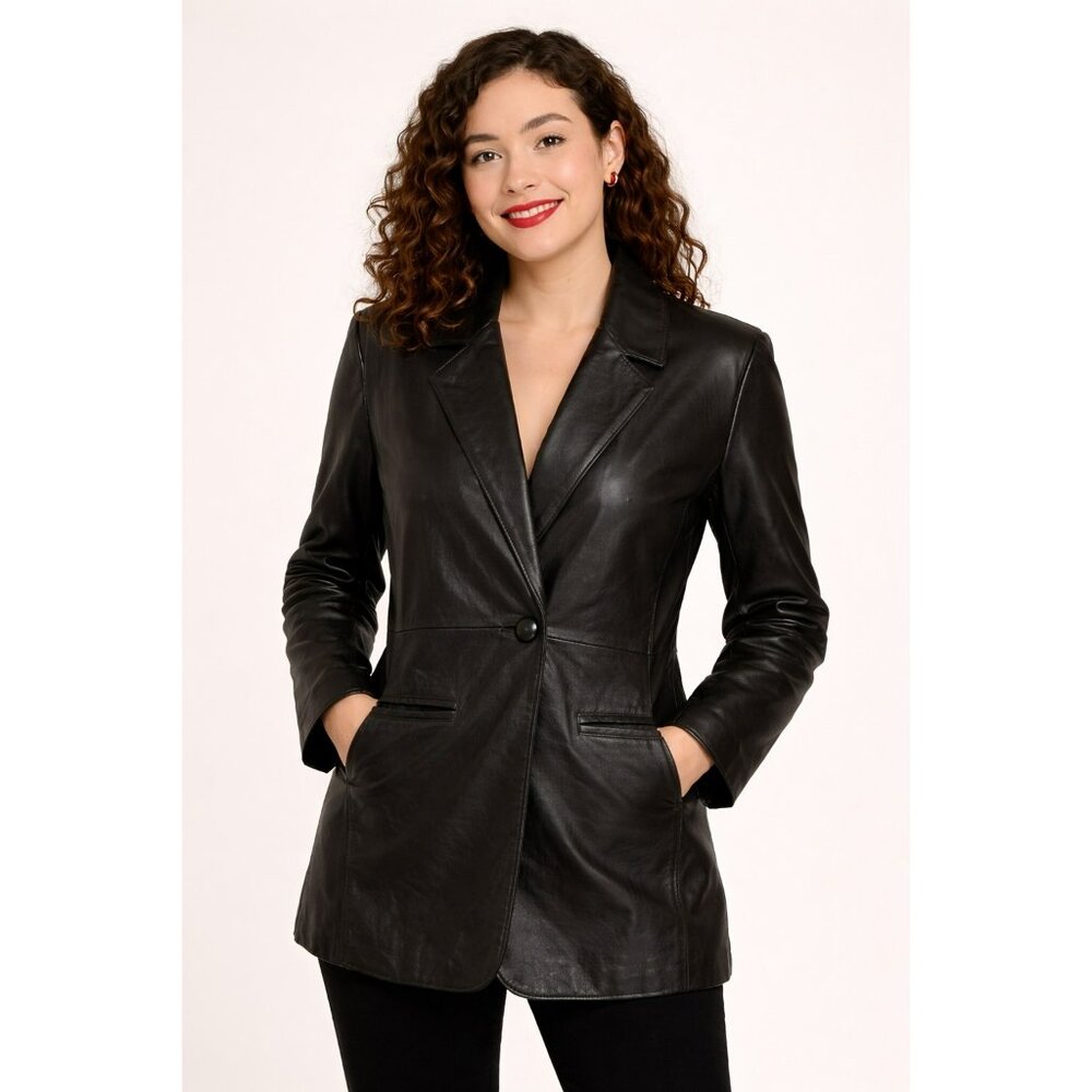 Wilsons Leather Blazer Jacket Womens XL 100% Leather Black Single Button Profess